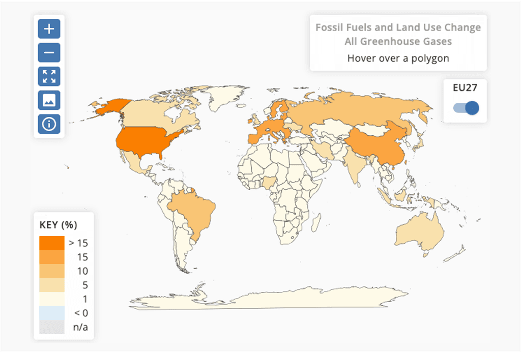 Map showing country contributions to climate change warming