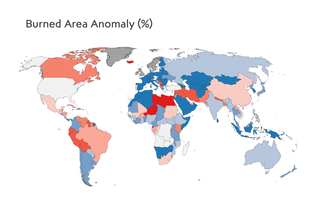 Global map with colours representing change in burned area anomaly (%) for each country