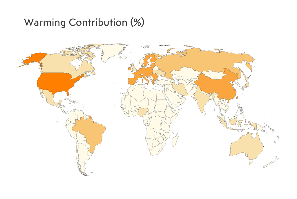 Global map with colours representing country's percentage contribution to global warming